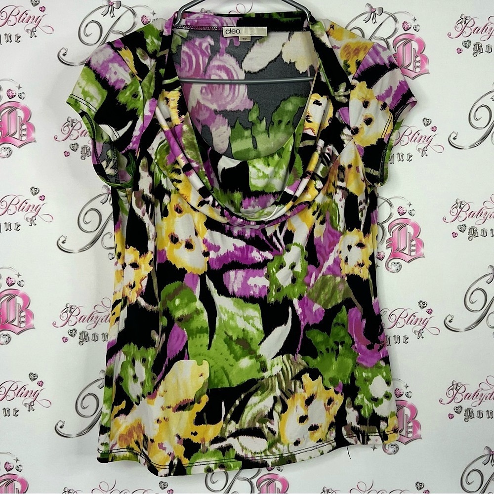 Cleo Floral Women's Blouse tshirt tee stretchy Black, Green, Yellow